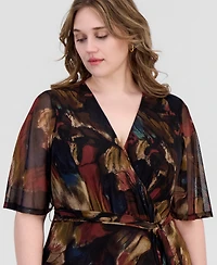 Connected Plus Printed Flutter-Sleeve Faux-Wrap Midi Dress