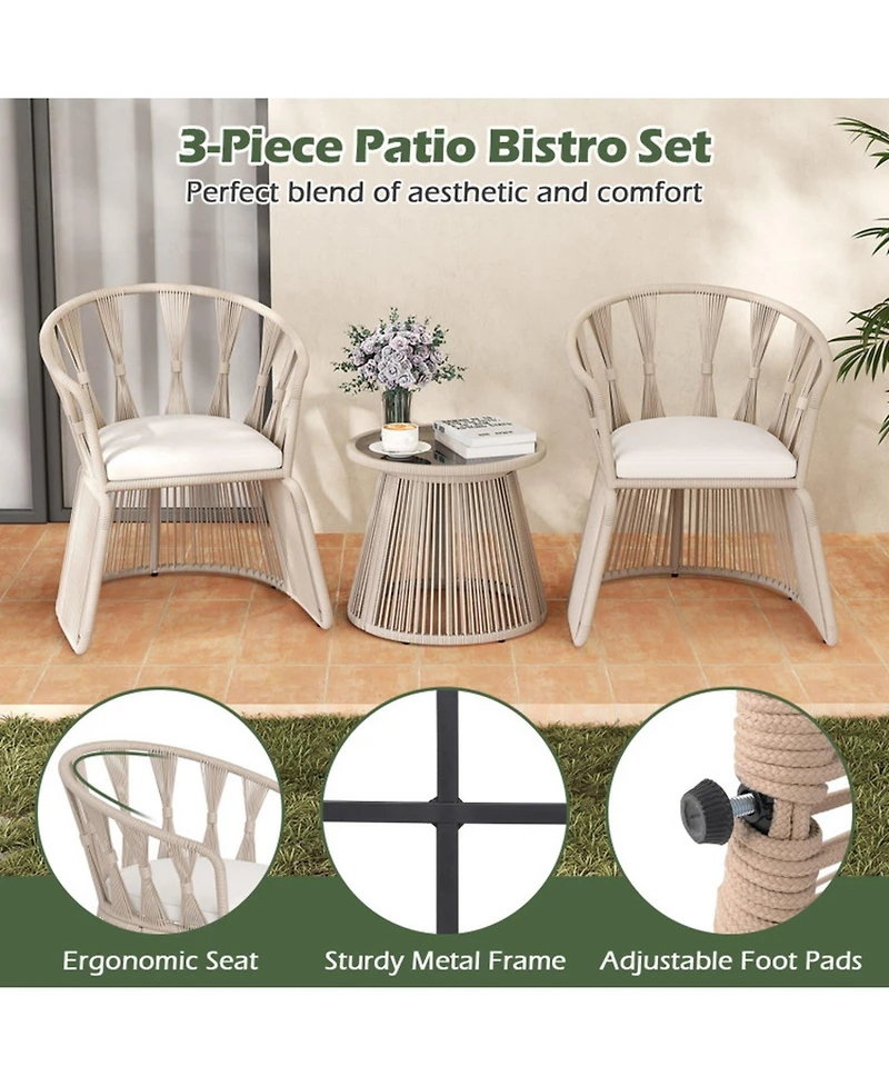 Gouun 3-Piece Rope-Woven Patio Leisure Chair Set with Cushions and Glass Side Table