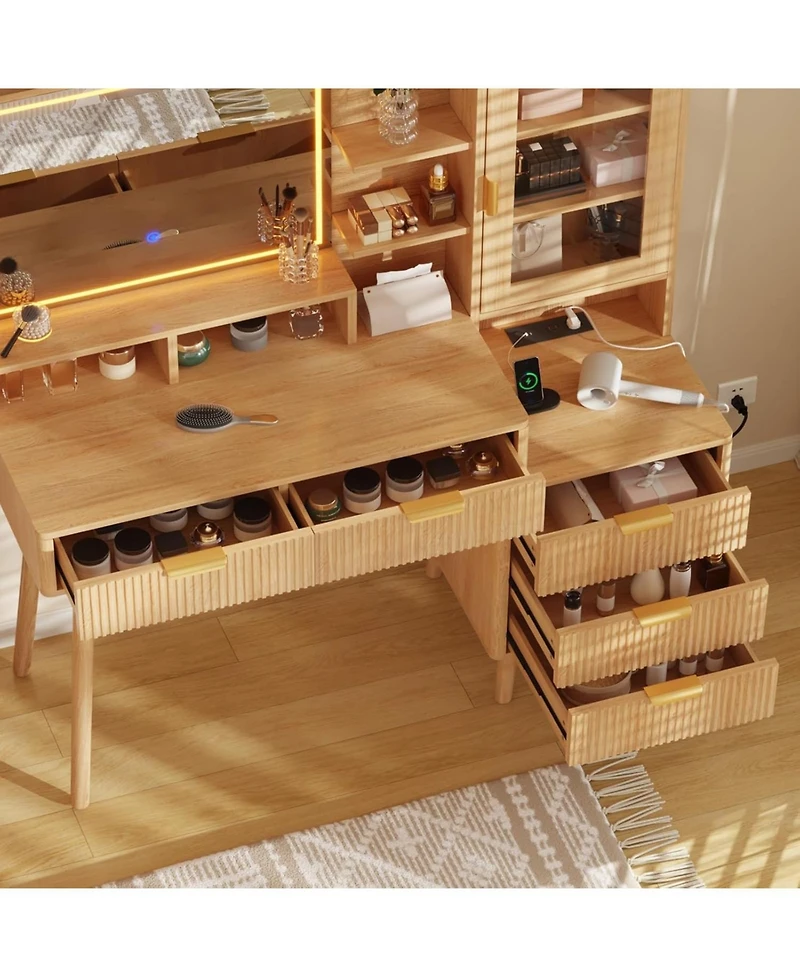 gaomon Modern Makeup Vanity Desk Set with Adjustable Mirror, Bench and Charging Station