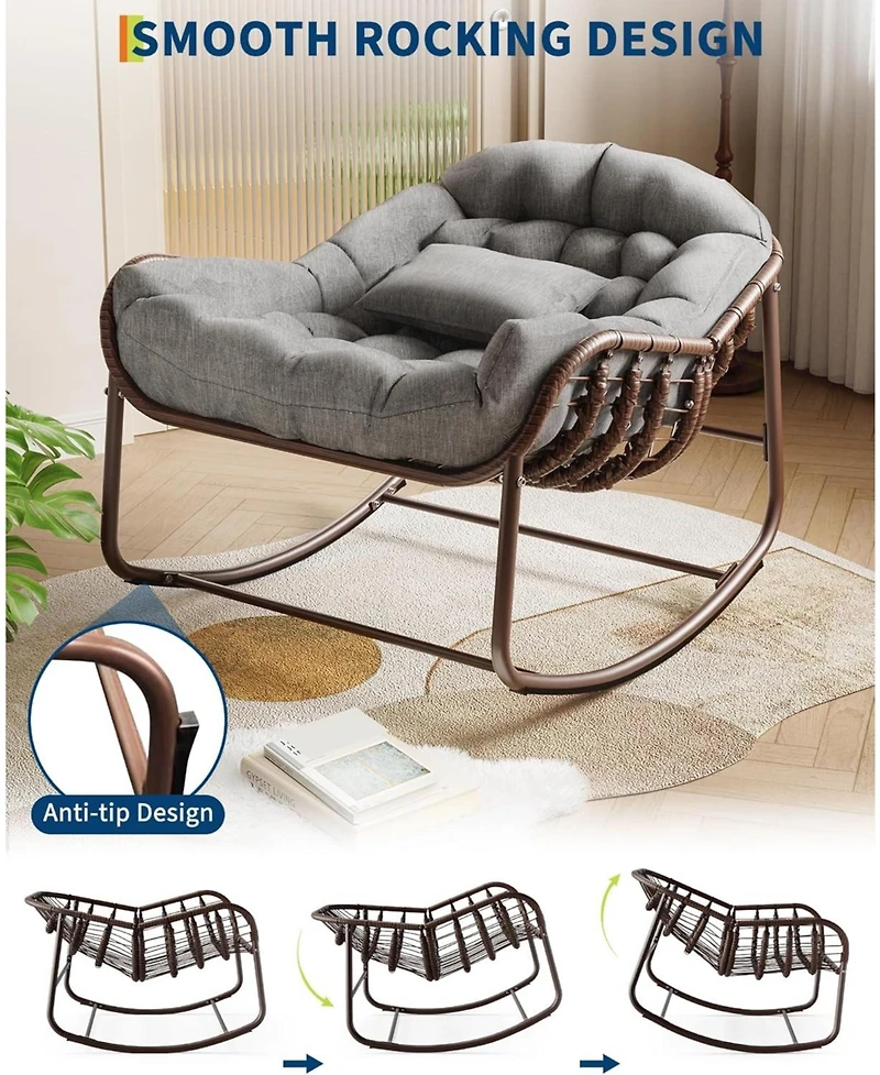 gaomon Outdoor Papasan Rocking Chair, Oversized Wicker Lounge Chair with Cushion and Metal Frame, Patio Rattan Egg Rocker for Balcony Backyard Porch