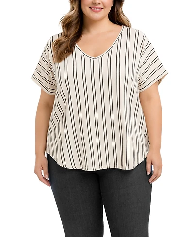 Coin 1804 Plus Cotton Vertical Stripe V-Neck Top
