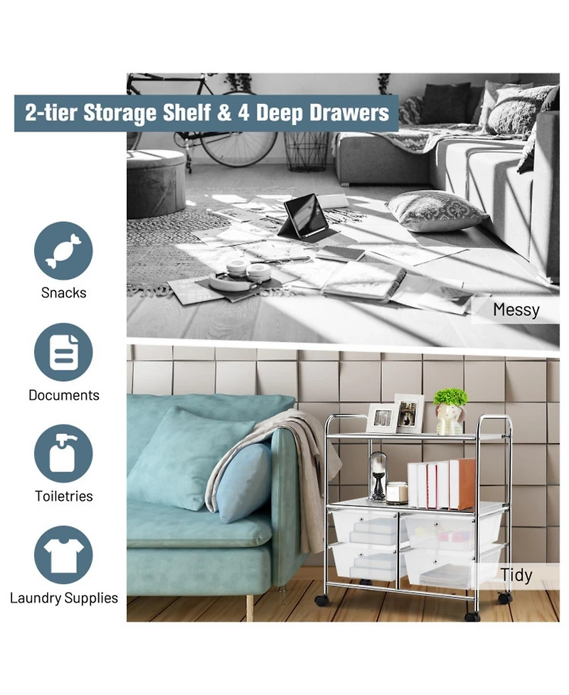 Gouun 4-Drawer Rolling Storage Cart with 2-Tier Open Shelves