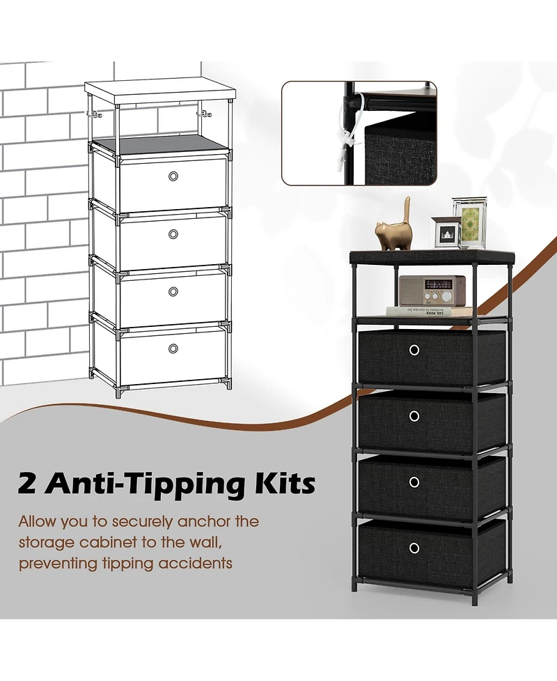 Gouun Dresser with 3/4 Drawers Fabric Storage Tower with Wood Top and Metal Frame