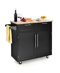 Gouun Rolling Kitchen Island Cart with Rubber Wood Top, Drawers, and Cabinet