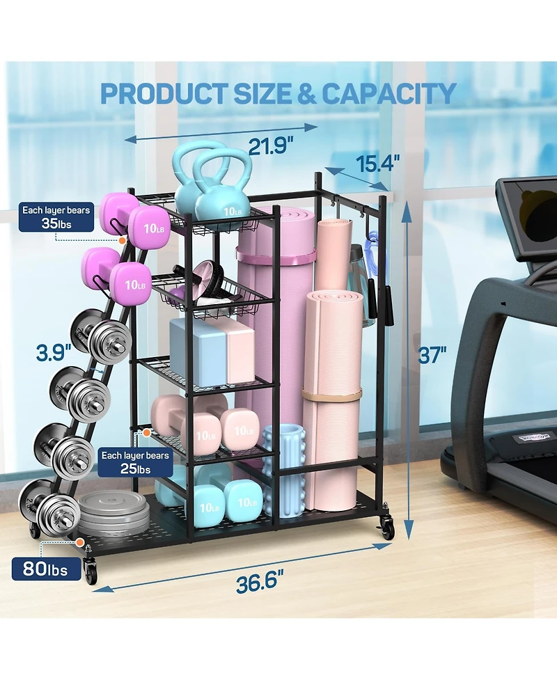 Mythinglogic Home Gym Storage with Lockable Wheels for Dumbbells Yoga Mat