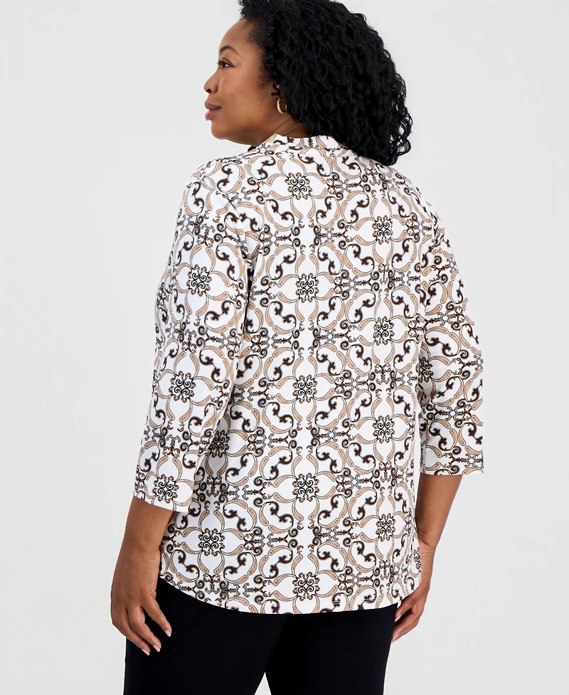 Jm Collection Plus Pleated-Neck 3/4-Sleeve Top, Macy's Exclusive