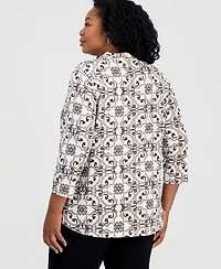 Jm Collection Plus Pleated-Neck 3/4-Sleeve Top, Macy's Exclusive