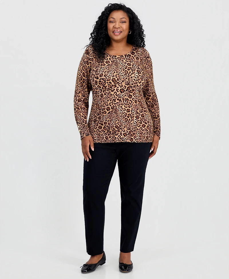 Jm Collection Plus Animal-Print Long-Sleeve Scoop-Neck Sweater, Macy's Exclusive