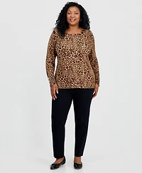Jm Collection Plus Animal-Print Long-Sleeve Scoop-Neck Sweater, Macy's Exclusive