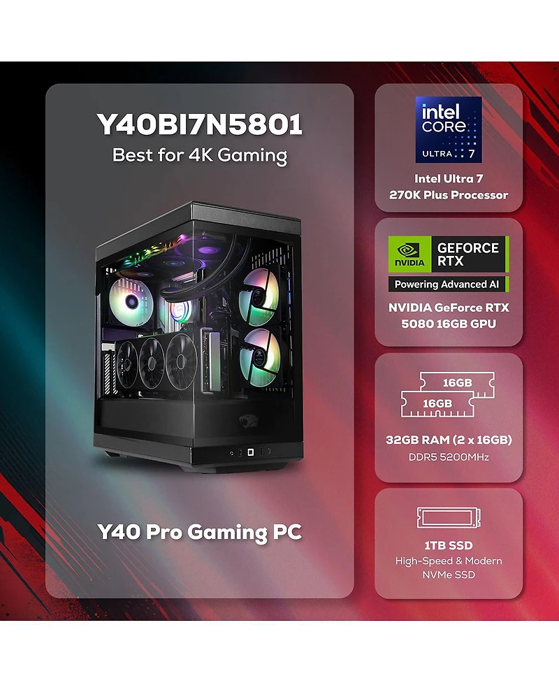 iBUYPOWER Y40BI7N5801 Liquid Cooled Gaming Desktop Computer, Intel Core Ultra 7 270K Plus 3.7GHz, 32GB Ram, 1TB Ssd, Nvidia GeForce Rtx 5080 16GB,