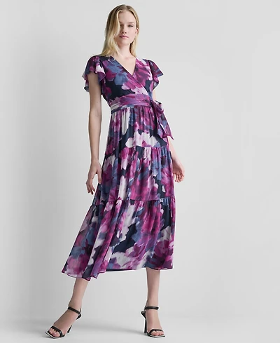 Dkny Women's Ruffled V-Neck Tie-Waist Dress