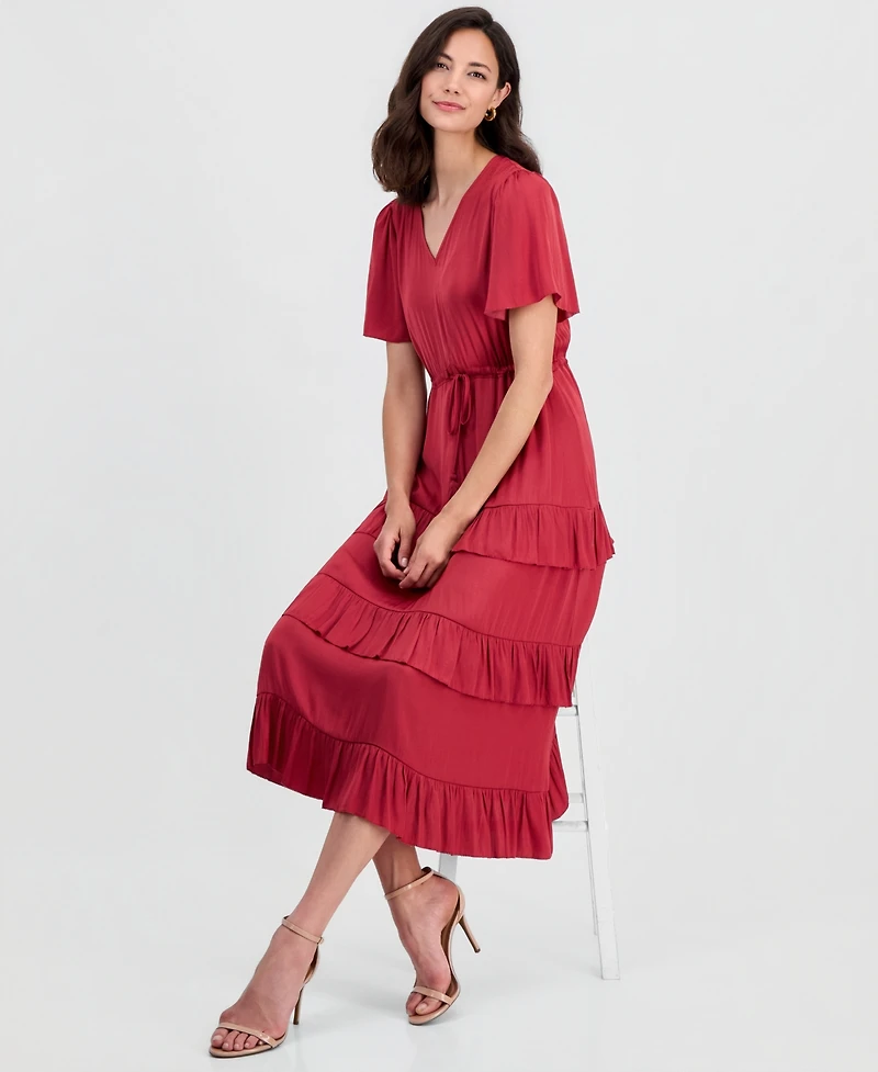 T Tahari Women's V-Neck Short-Sleeve Tiered-Ruffle Dress