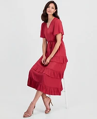 T Tahari Women's V-Neck Short-Sleeve Tiered-Ruffle Dress