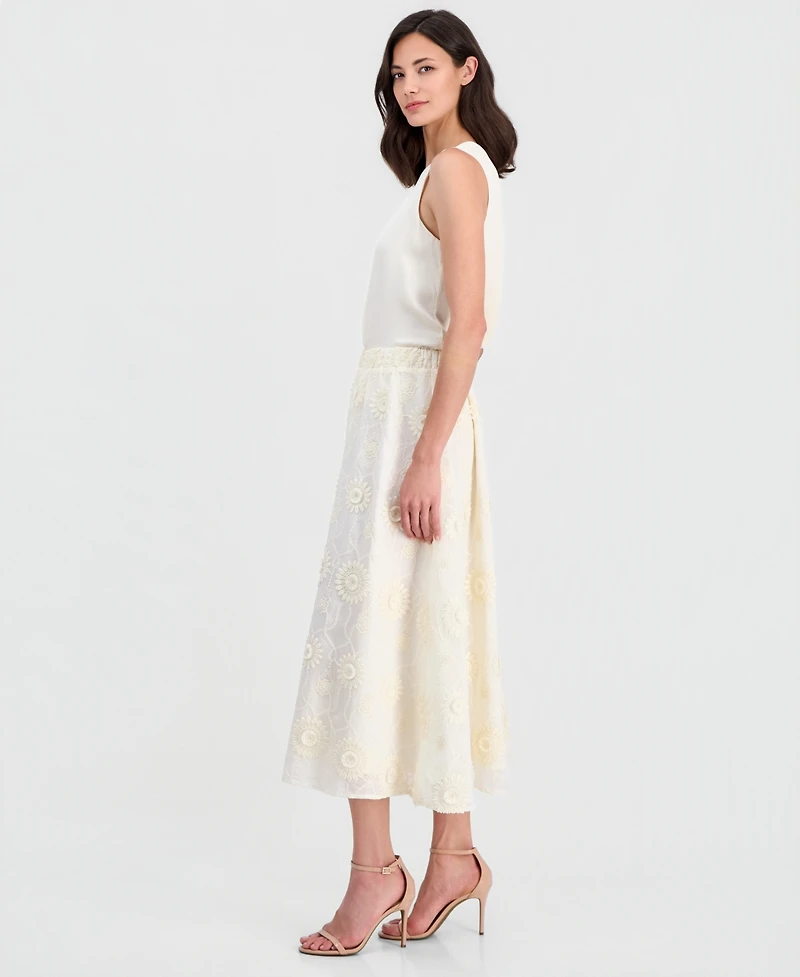 T Tahari Women's Pull-On Floral-Embroidered Midi Skirt