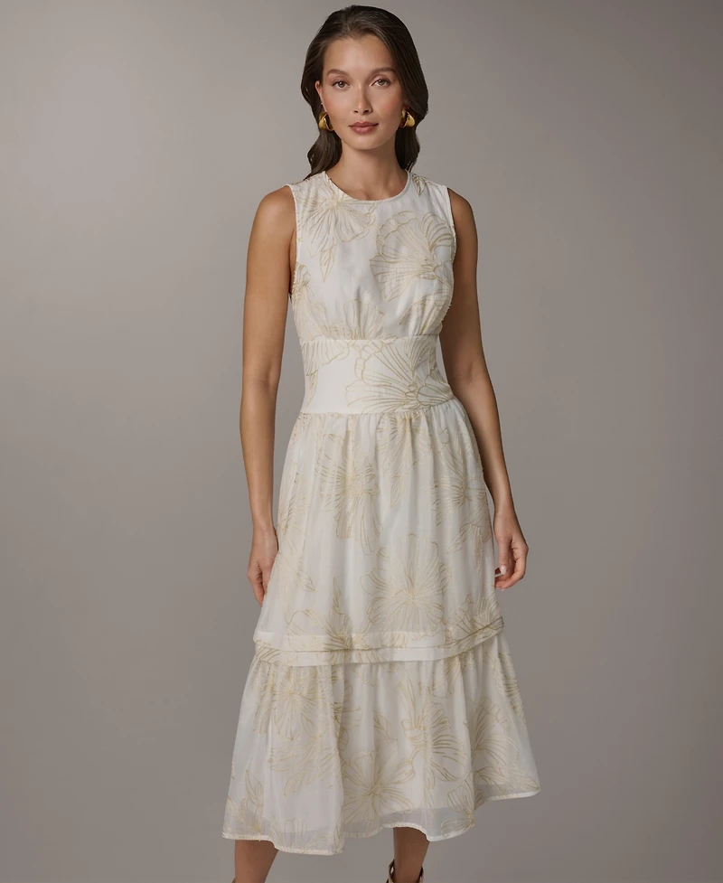 Donna Karan New York Women's Crewneck A-Line Embroidered Midi Dress