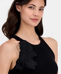 T Tahari Women's Round-Neck Floral-Applique Rib-Knit Top