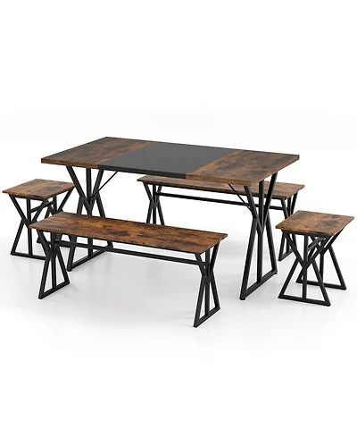 Sugift 5-Piece Industrial Dining Room Set Rectangular Kitchen Table with 2 Benches and 2 Stools