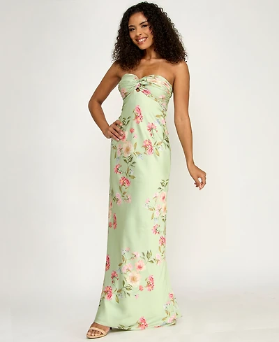 B Darlin Juniors' Floral Print Strapless Gown