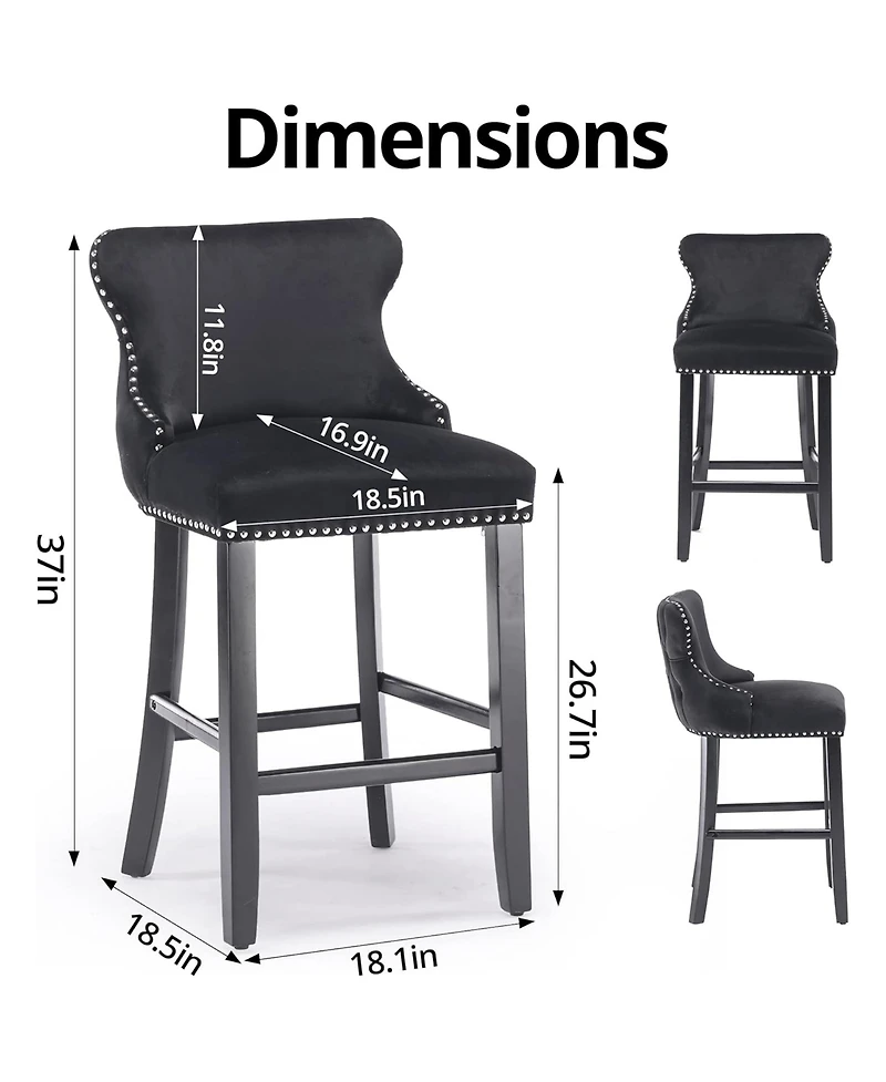 Rainsken Velvet Wingback Bar Stools Set of 2, Counter Height Chairs with Solid Wood Legs, Button Tufted and Nailhead Trim for Kitchen Island