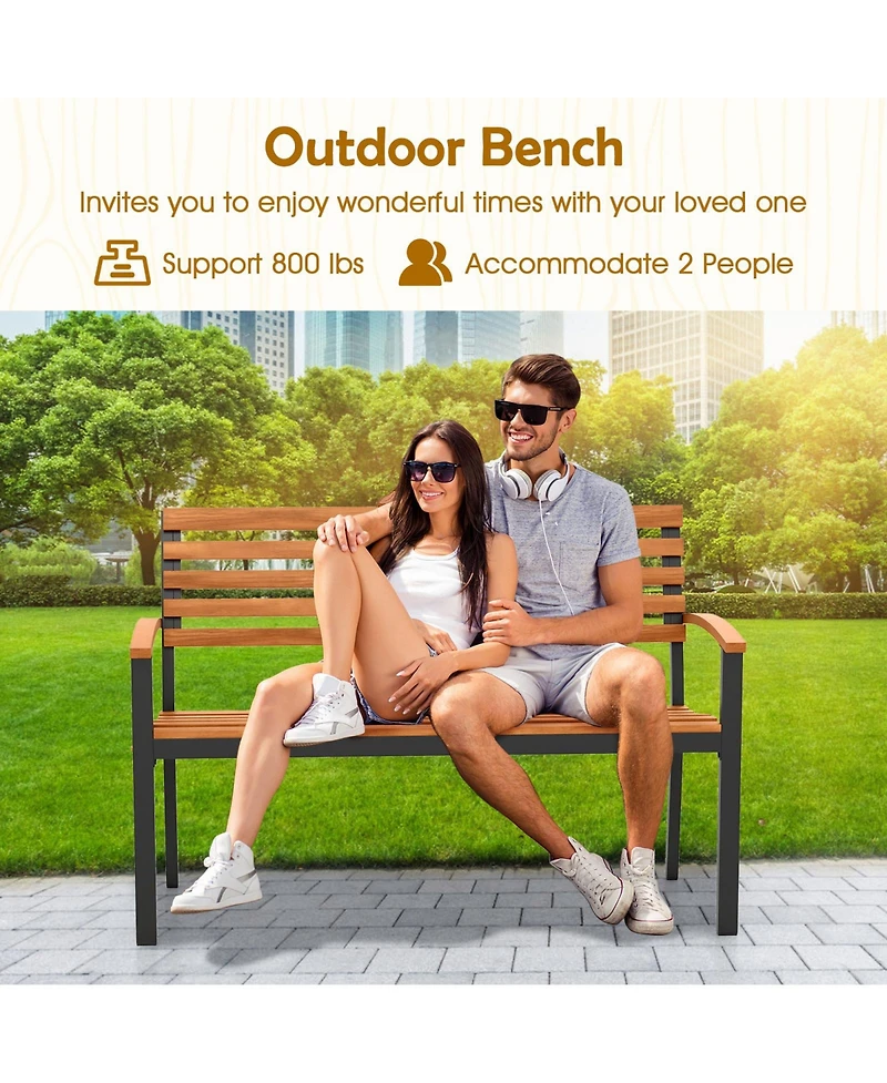 Sugift Acacia Wood Patio Bench Loveseat with Backrest and Armrests