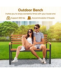 Sugift Acacia Wood Patio Bench Loveseat with Backrest and Armrests