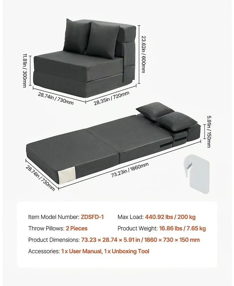 Gouun 3-in-1 Convertible Folding Sofa Bed with 25D Memory Foam and Washable Cover