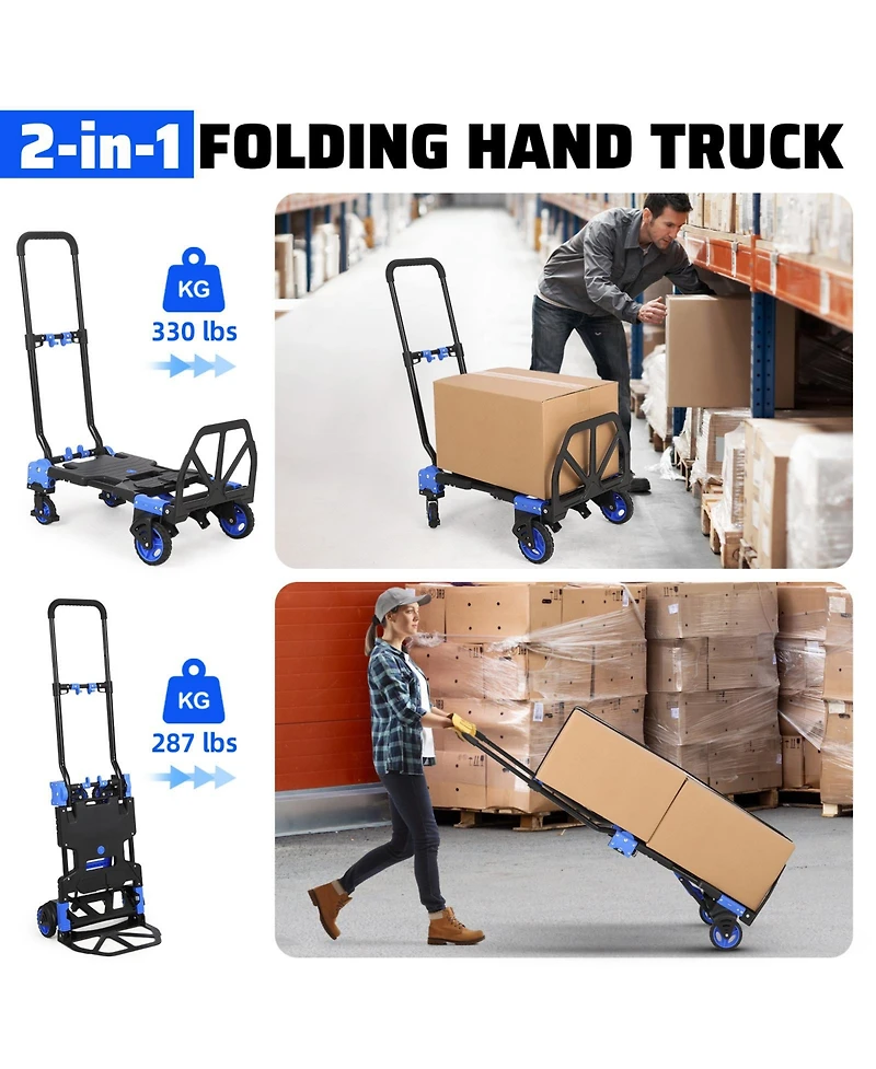 Homfan 2-in-1 Folding Hand Truck and Platform Cart w/ 330 lb Capacity, Convertible Dolly with Foldable Basket and Bungee Cords, Portable Luggage Cart
