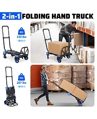 Homfan 2-in-1 Folding Hand Truck and Platform Cart w/ 330 lb Capacity, Convertible Dolly with Foldable Basket and Bungee Cords, Portable Luggage Cart