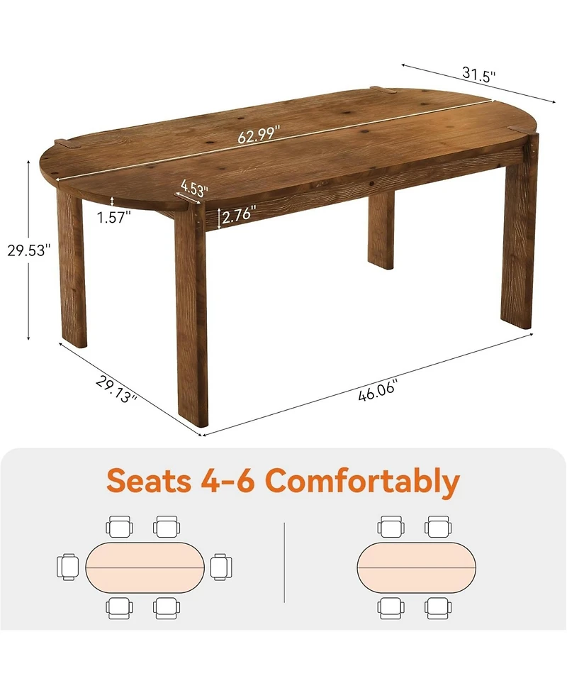 Tribesigns 63" Solid Wood Dining Table for 4-6, Farmhouse Wooden Kitchen Table, Oval Dining Room Table for Kitchen
