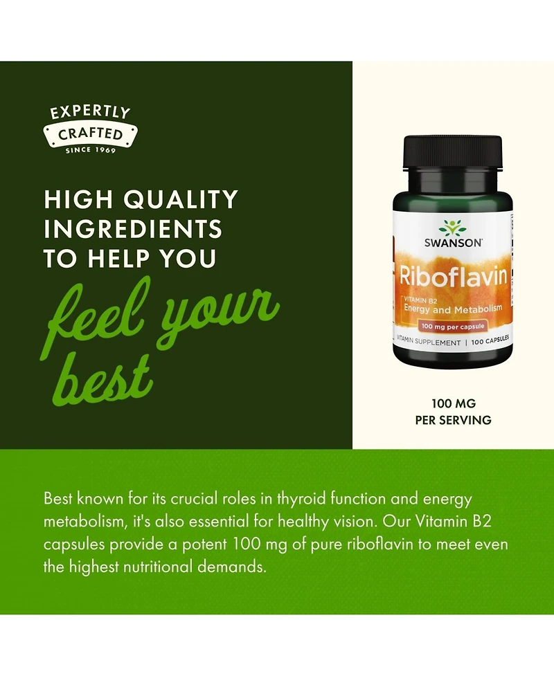 Swanson Vitamin B2 Riboflavin Supplement for Vision Health, Thyroid Function and Supports Energy Production
