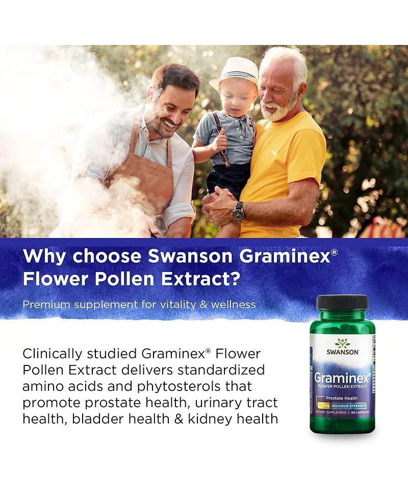 Swanson Maximum Strength Graminex Flower Pollen Extract, Prostate, Urinary Tract and Kidney Health, Mens Health Supplement, 500 mg, 60 Capsules