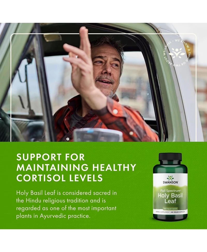 Swanson Holy Basil Leaf (Tulsi) Stress Support and WellBeing Supplement (120 Capsules, 800mg Per Serving)