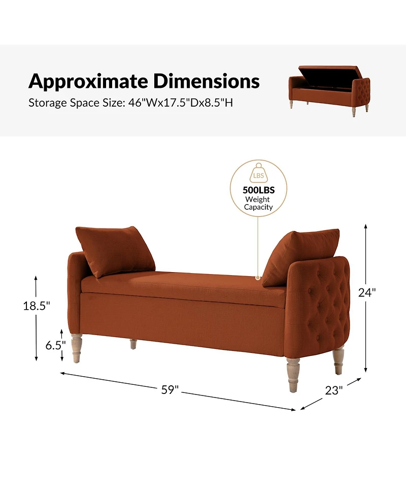 Hulala Home Aristides Farmhouse 59"W Flip Top Storage Bench With Two Pillows and Solid Wood Legs