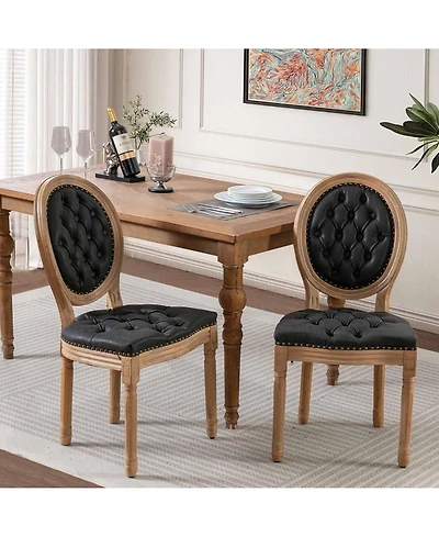 Rainsken French Dining Chairs Set of 2, Vintage Wooden Kitchen with Pu Leather Upholstered Tufted Seat, Nailhead Trims for Room