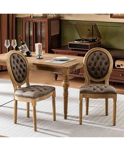 Rainsken French Dining Chairs Set of 2, Vintage Wooden Kitchen with Pu Leather Upholstered Tufted Seat, Nailhead Trims for Room