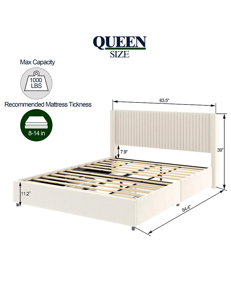 Lucky One Anna Patented 2-Drawer Storage Bed Velvet Upholstered Wingback Platform Bed