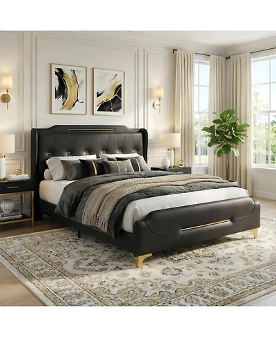 Lucky One Modern Upholstered Bed Frame, Platform Bed with Wingback Headboard