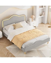 Homfan Kids Led Upholstered Bed Frame with Adjustable Headboard & Footboard, Sturdy Wooden Slats