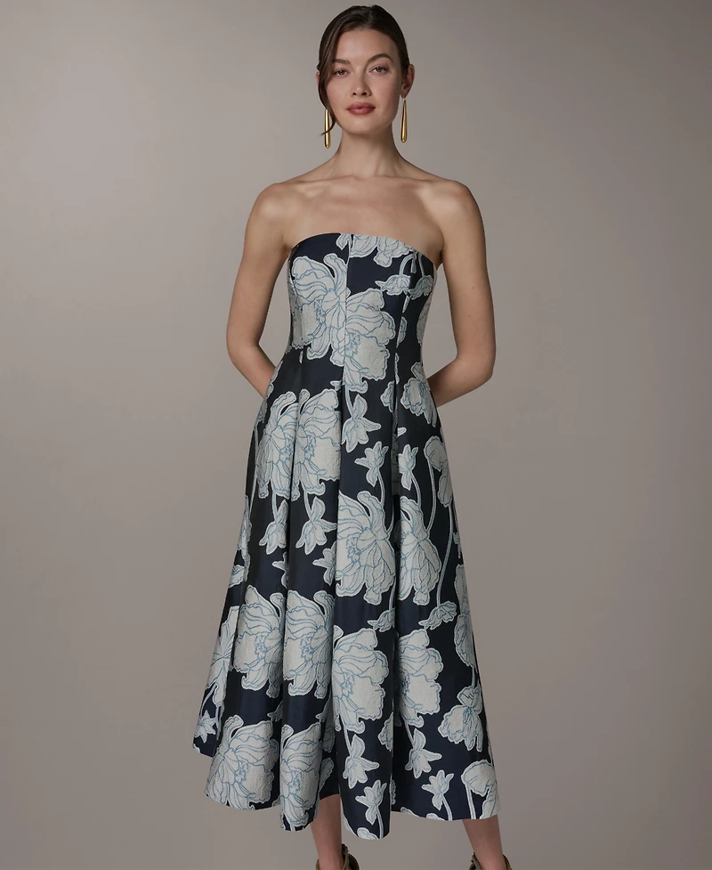 Donna Karan New York Women's Strapless Jacquard Fit & Flare Floral Midi Dress