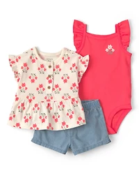 Carter's Baby Girls' Floral Top, Bodysuit and Shorts, 3-Piece Set