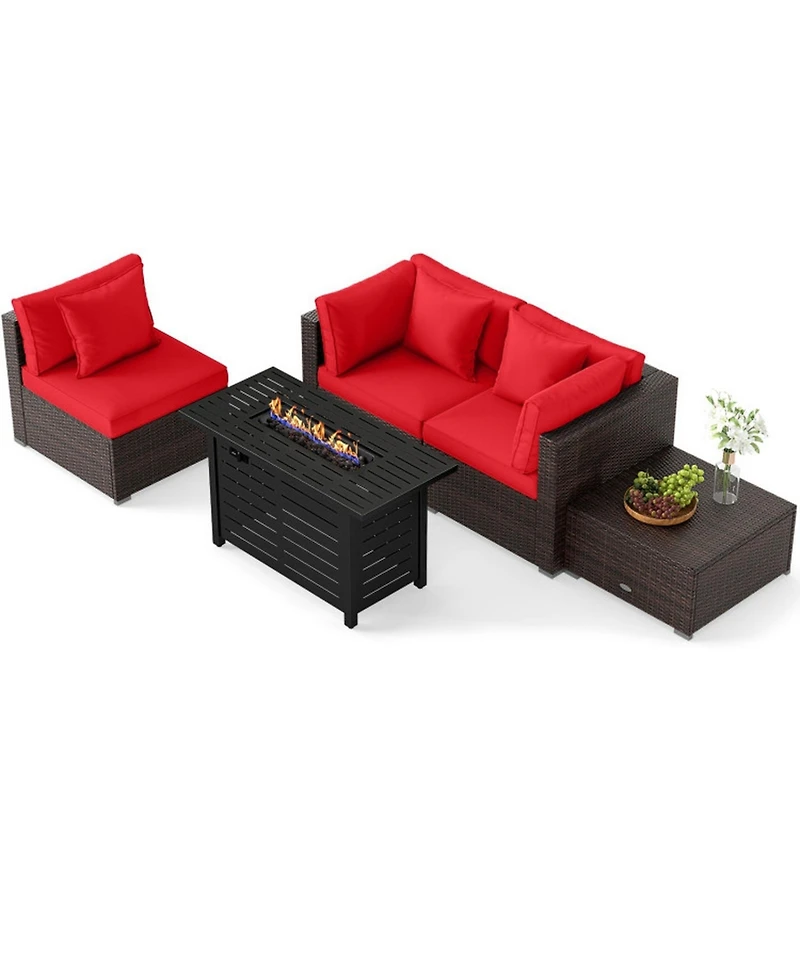 Gouun 5-Piece Rattan Sofa Set with 60,000 Btu 2-in-1 Firepit Table and Ottoman