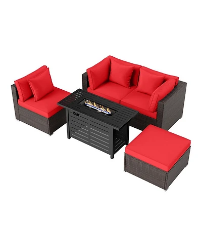 Gouun 5-Piece Rattan Sofa Set with 60,000 Btu 2-in-1 Firepit Table and Ottoman