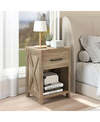 Gouun Farmhouse Nightstand with X-Design Side Panels, Drawer and Shelf
