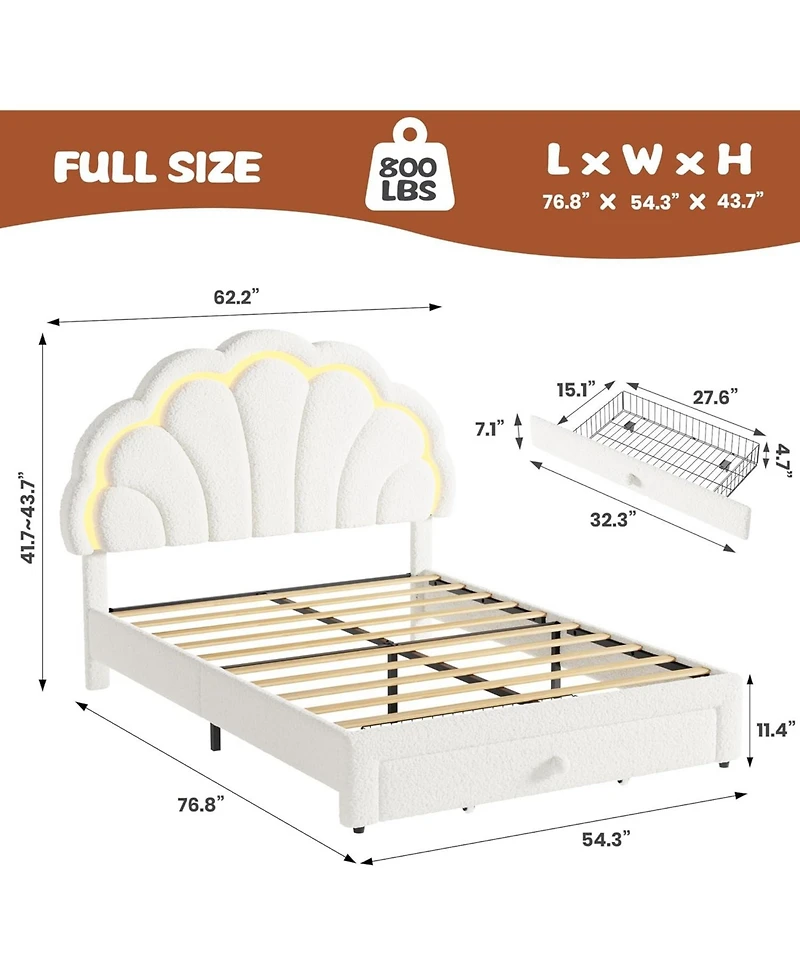 gaomon Upholstered Led Bed Frame with Storage Drawer and Adjustable Chic Headboard, Berber Fleece Princess Platform for Kids