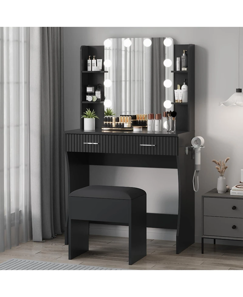 Homfan Makeup Vanity Desk with Mirror 12 Led Lights, Power Outlet, 2 Drawers, 6 Shelves, Hair Dryer Holder and Stool for Bedroom
