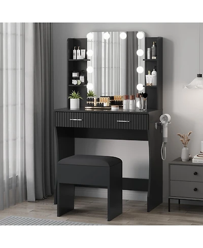 Homfan Makeup Vanity Desk with Mirror 12 Led Lights, Power Outlet, 2 Drawers, 6 Shelves, Hair Dryer Holder and Stool for Bedroom