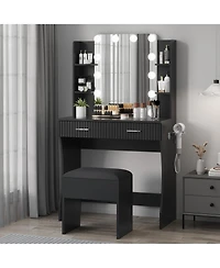 Homfan Makeup Vanity Desk with Mirror 12 Led Lights, Power Outlet, 2 Drawers, 6 Shelves, Hair Dryer Holder and Stool for Bedroom