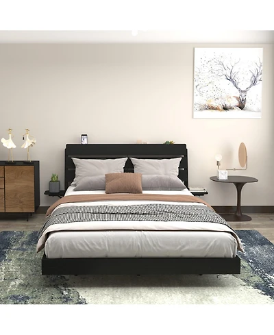 Lucky One Floating Bed Frame Queen with Led Lights and Charging Station