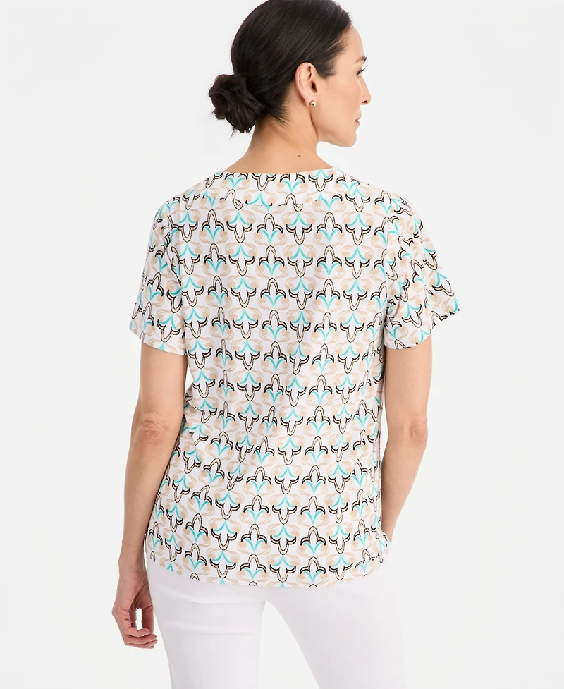Jm Collection Women's Printed Short Sleeve V-Neck Jacquard Top, Macy's Exclusive
