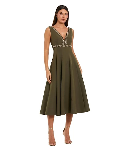 Mac Duggal Women's Rhinestone Embellished Crepe A Line Midi Dress